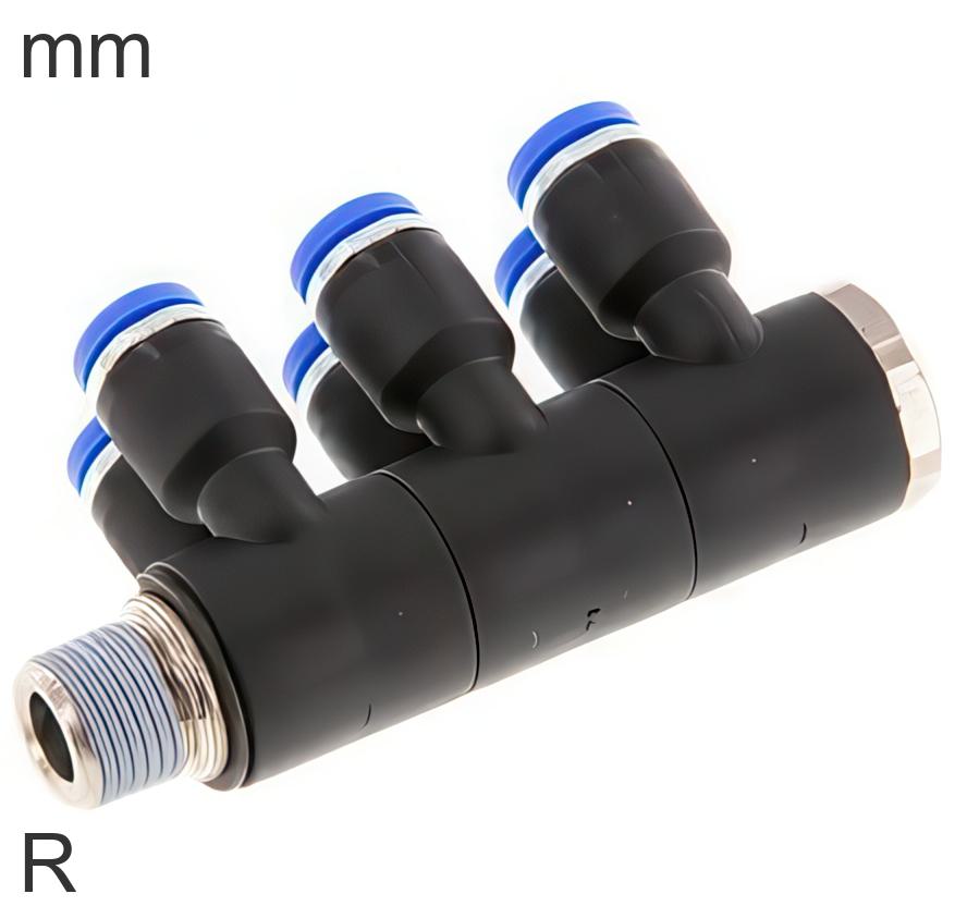 6-Way Distributor Push-In Fittings Brass And Plastic R-Threads Male ...