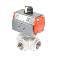 Rp 3/8" T-Bore 3-Way Pneumatic Brass Ball Valve - Double Acting