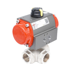 Rp 1" T-Bore 3-Way Pneumatic Brass Ball Valve - Spring Closing