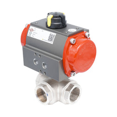 Rp 1" T-Bore 3-Way Pneumatic Brass Ball Valve - Spring Opening