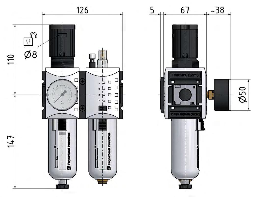 FRL 2-Part G1/2'' 3500 l/min 0.5-16.0bar/7-232psi Semi-Auto Polycarbonate Futura 2