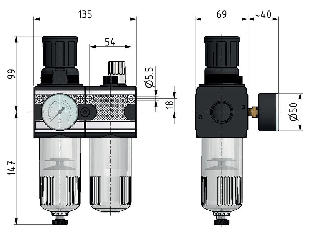 FRL 2-Part G1/2'' 5800 l/min 0.5-16.0bar/7-232psi Semi-Auto Metal Multifix 2