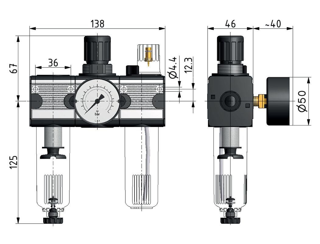 FRL 3-Part G1/4'' 1200 l/min 0.2-6.0bar/3-87psi Semi-Auto Metal Multifix 1