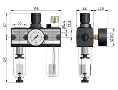FRL 3-Part G1/4'' 1200 l/min 0.2-6.0bar/3-87psi Semi-Auto Metal Multifix 1