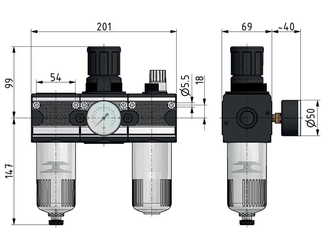FRL 3-Part G1/2'' 5800 l/min 0.5-10.0bar/7-145psi Auto Metal Multifix 2