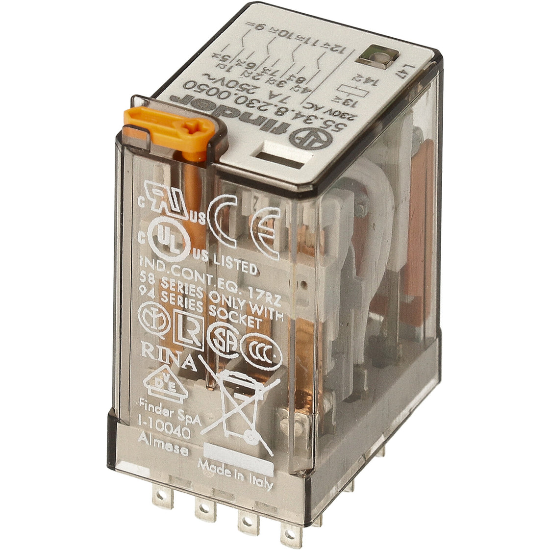 Finder 4CO Mini Industrial Relay 7A 230V AC With LED Test - 55.34.8.230.0050