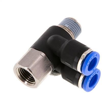 6mm x R1/8'' Double 90deg Elbow Push-in Fitting with Male-Female Threads Brass/PA 66 NBR Rotatable [2 Pieces]