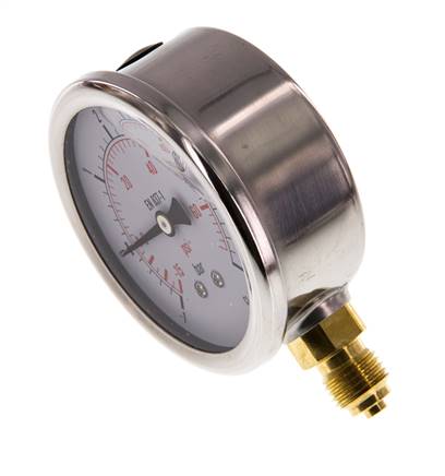 -1..5 Bar (-15..73 psi) Glycerin Pressure Gauge Below Stainless steel/Brass 63 mm Class 1.6