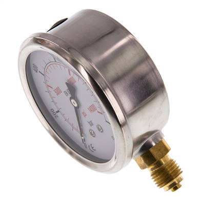 0..1000 Bar (0..14504 psi) Glycerin Pressure Gauge Below Stainless steel/Brass 63 mm Class 1.6