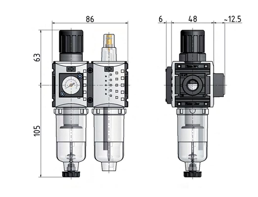 FRL 2-Part G1/4'' 800 l/min 0.5-8.0bar/7-116psi Auto Polycarbonate Futura 0