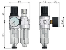 FRL 2-Part G1/4'' 700 l/min 0.2-6.0bar/3-87psi Auto 40 mm Pressure Gauge Polycarbonate Multifix 0