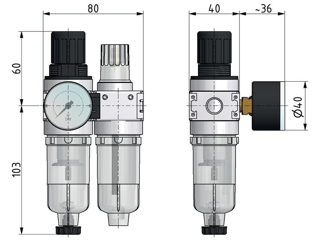 FRL 2-Part G1/4'' 700 l/min 0.5-10.0bar/7-145psi Semi-Auto 40 mm Pressure Gauge Metal Multifix 0