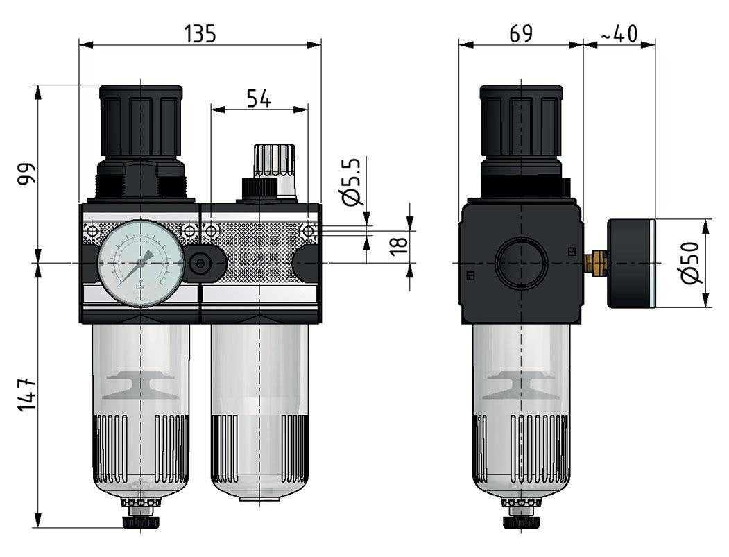 FRL 2-Part G1/2'' 5800 l/min 0.5-10.0bar/7-145psi Semi-Auto Safety Protective Cage Polycarbonate Multifix 2