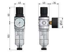 Filter-Regulator G1/8'' 1450 l/min 0.5-10.0bar/7-145psi Auto (Closed Without Pressure) 40 mm Pressure Gauge Polycarbonate Multifix 0