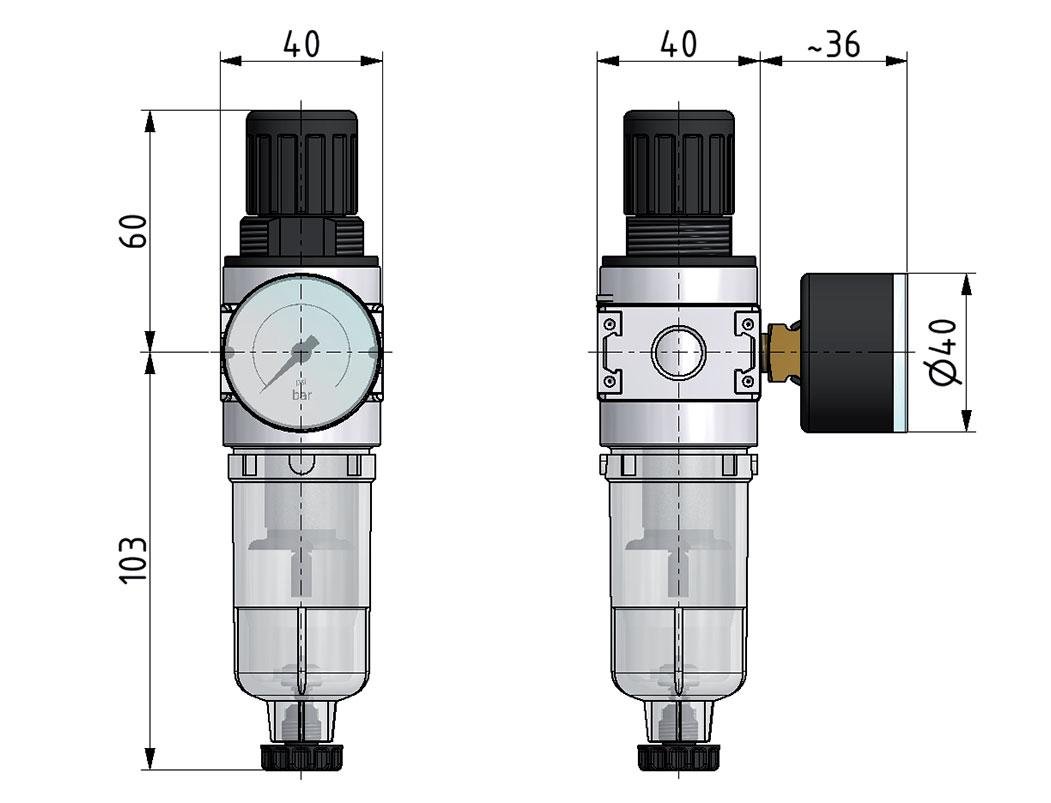 Filter-Regulator G1/4'' 700 l/min 0.2-6.0bar/3-87psi Semi-Auto 40 mm Pressure Gauge Plastic Multifix 0