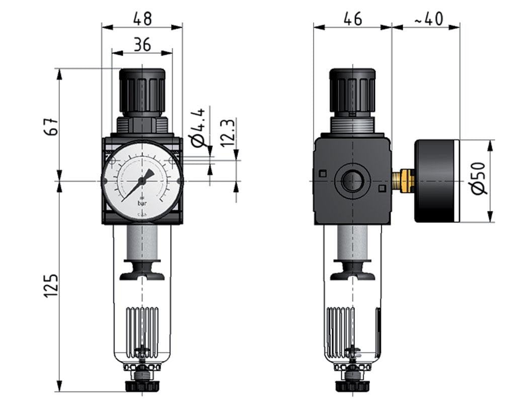 Filter-Regulator G3/8'' 1600 l/min 0.5-16.0bar/7-232psi Semi-Auto Protective Cage Polycarbonate Multifix 1