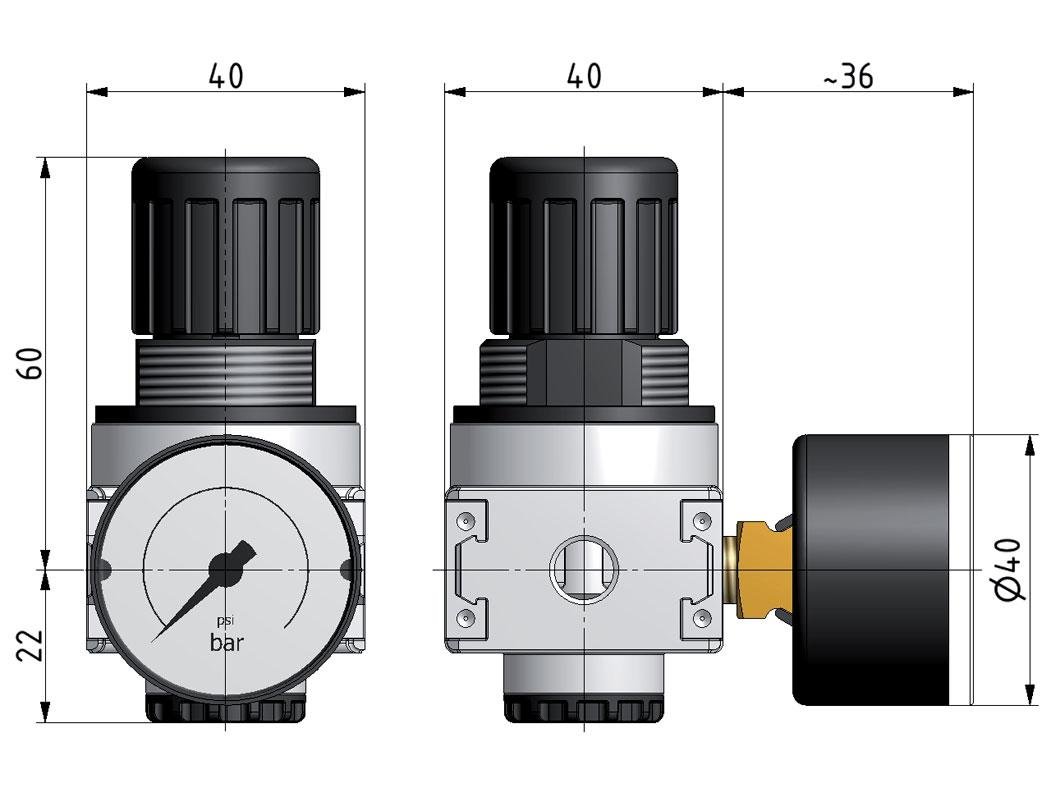 Pressure Regulator G1/4'' 1450 l/min 0.1-3.0bar/1-44psi Zinc Die-Cast 40 mm Pressure Gauge Multifix 0
