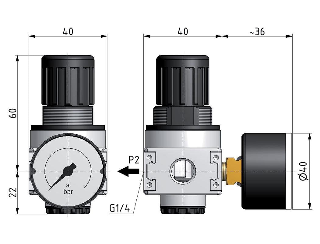 Pressure Regulator for Manifold Assembly G1/4'' 1450 l/min 0.5-10.0bar/7-145psi Zinc Die-Cast 40 mm Pressure Gauge Multifix 0