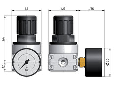 Pressure Regulator G1/4'' 600 l/min 0.5-10.0bar/7-145psi Zinc Die-Cast 40 mm Pressure Gauge Multifix 0