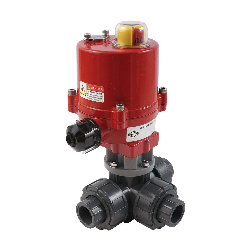 63mm Solvent Socket 3-Way PVC Electric Ball Valve T-Bore 12 V AC/DC PTFE/EPDM