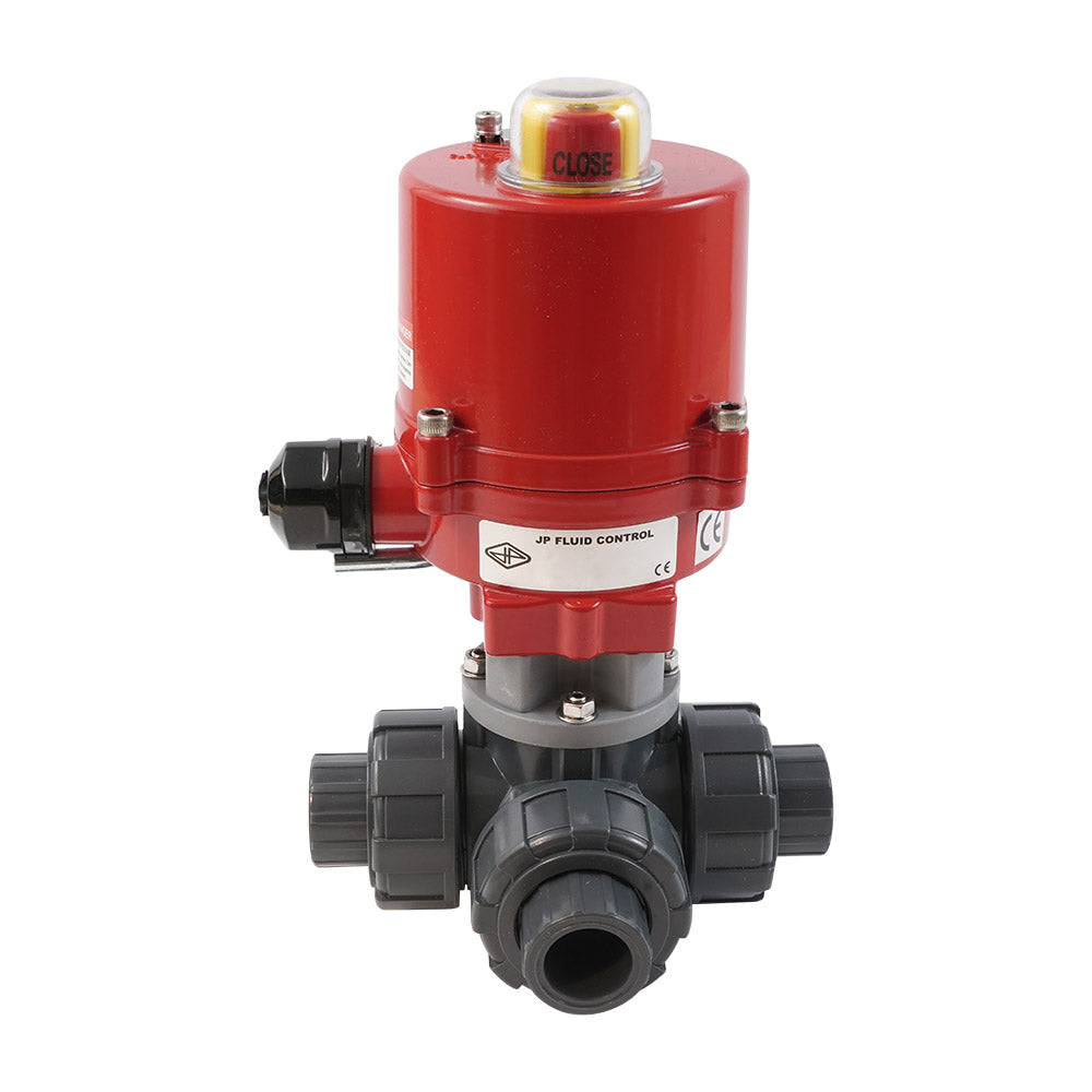 Solvent Socket 40 mm L-port 3-Way PVC Electric Ball Valve 12 V AC/DC PTFE/EPDM