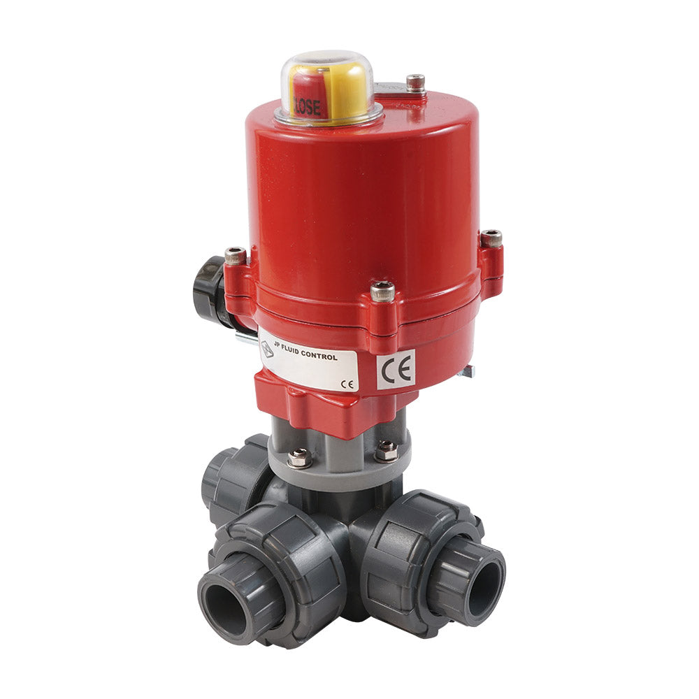 Solvent Socket 63 mm T-port 3-Way PVC Electric Ball Valve 12 V AC/DC PTFE/EPDM