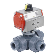 32mm Solvent Socket 3-Way PVC Pneumatic Ball Valve T-Bore Spring Open