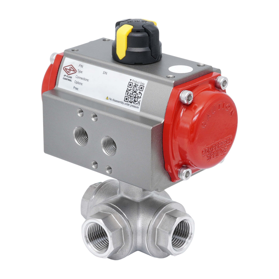 3-Way Pneumatic Ball Valve G1'' L-bore Stainless Steel Spring Opening