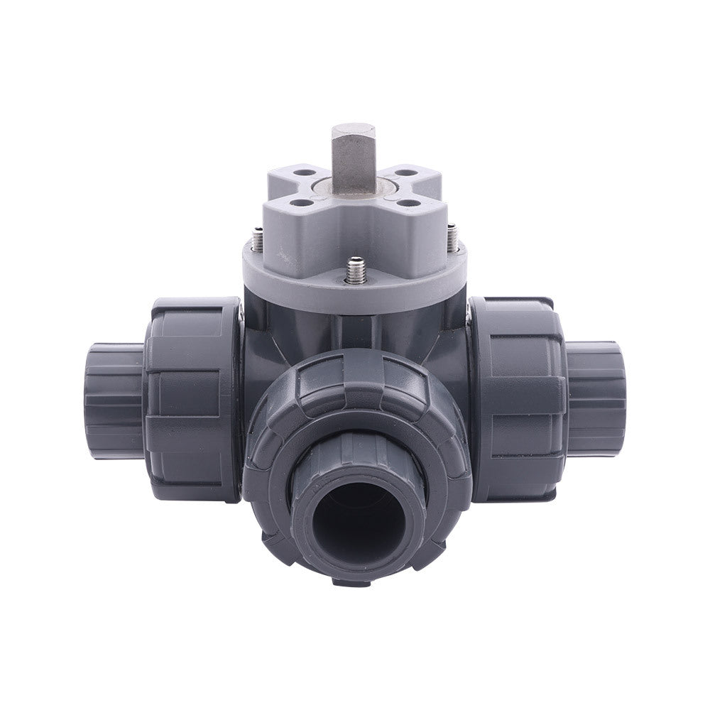 Solvent Socket 25 mm T-bore 3-Way PVC Ball Valve ISO-Top 10 bar PTFE/FKM