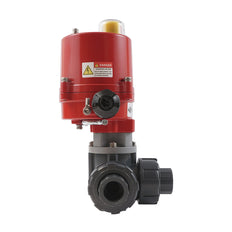 Solvent Socket 63 mm L-port 3-Way PVC Electric Ball Valve 24 V AC/DC PTFE/EPDM