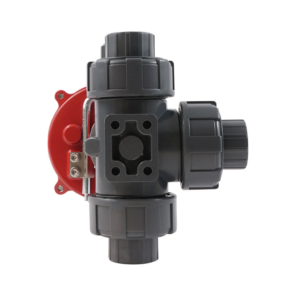 Solvent Socket 20 mm L-port 3-Way PVC Electric Ball Valve 24 V AC/DC PTFE/FKM
