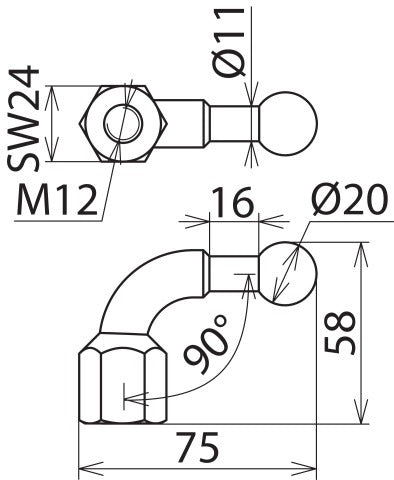 Fixed Ball Point Angled 20mm With M12 Female Thread - 707200