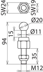 Fixed Ball Point 20mm With Threaded Pin And Nut M12x35mm - 754235