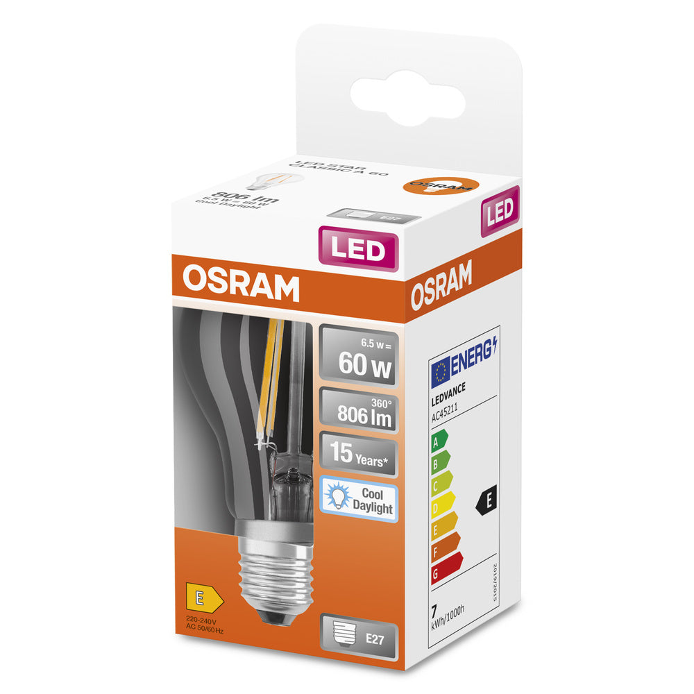 OSRAM LED Classic A60 6.5W E27 6500K Glass Filament Bulb - 4058075466036 [2 Pieces]