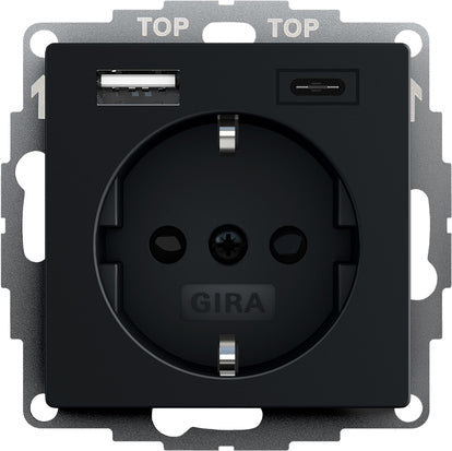 Gira System 55 Dual USB Wall Socket With Ground Black - 2459005