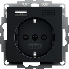Gira System 55 Dual USB Wall Socket With Ground Black - 2459005