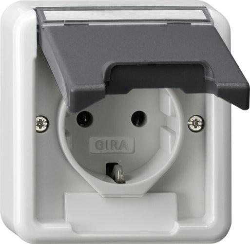 Gira IP44 Surface Mount SCHUKO Socket With Hinged Cover Grey - 445035