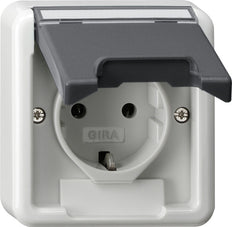 Gira IP44 Surface Mount SCHUKO Socket With Hinged Cover Grey - 445035