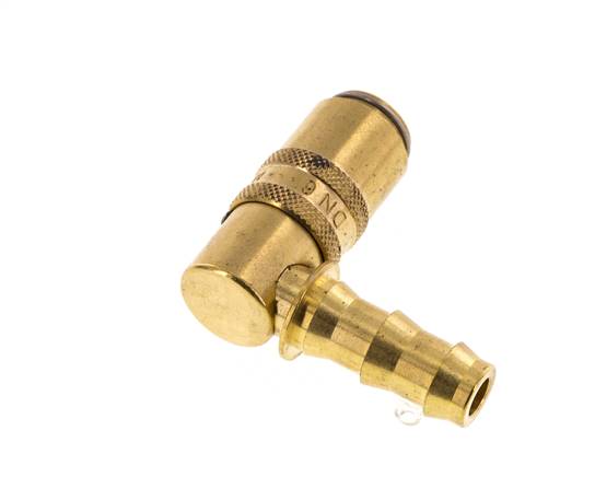 Brass DN 6 Mold Coupling Socket 9.5 mm Hose Pillar Unlocking Protection Double Shut-Off 90-deg