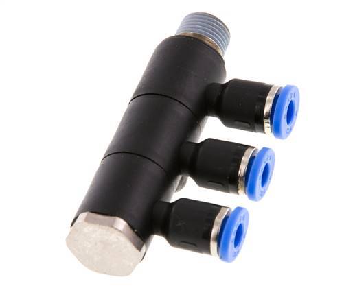 4mm x R1/8'' 3-way Manifold Push-in Fitting with Male Threads Brass/PA 66 NBR Rotatable
