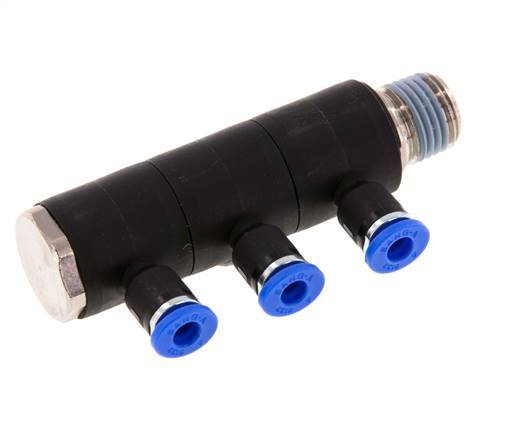 4mm x R1/4'' 3-way Manifold Push-in Fitting with Male Threads Brass/PA 66 NBR Rotatable