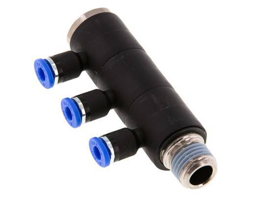 4mm x R1/4'' 3-way Manifold Push-in Fitting with Male Threads Brass/PA 66 NBR Rotatable