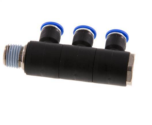 6mm x R1/4'' 3-way Manifold Push-in Fitting with Male Threads Brass/PA 66 NBR Rotatable