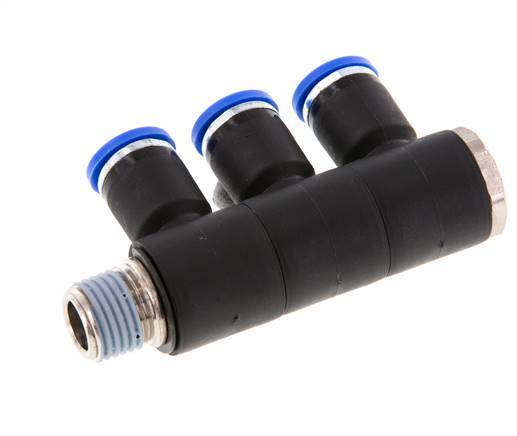 8mm x R1/4'' 3-way Manifold Push-in Fitting with Male Threads Brass/PA 66 NBR Rotatable