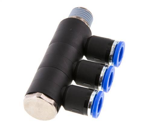 8mm x R1/4'' 3-way Manifold Push-in Fitting with Male Threads Brass/PA 66 NBR Rotatable