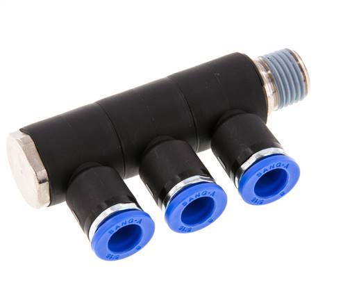 8mm x R1/4'' 3-way Manifold Push-in Fitting with Male Threads Brass/PA 66 NBR Rotatable