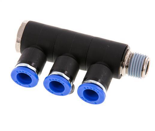 8mm x R1/4'' 3-way Manifold Push-in Fitting with Male Threads Brass/PA 66 NBR Rotatable