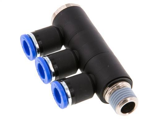 8mm x R1/4'' 3-way Manifold Push-in Fitting with Male Threads Brass/PA 66 NBR Rotatable