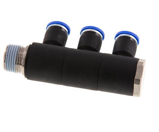 8mm x R3/8'' 3-way Manifold Push-in Fitting with Male Threads Brass/PA 66 NBR Rotatable