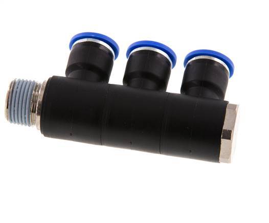 10mm x R3/8'' 3-way Manifold Push-in Fitting with Male Threads Brass/PA 66 NBR Rotatable